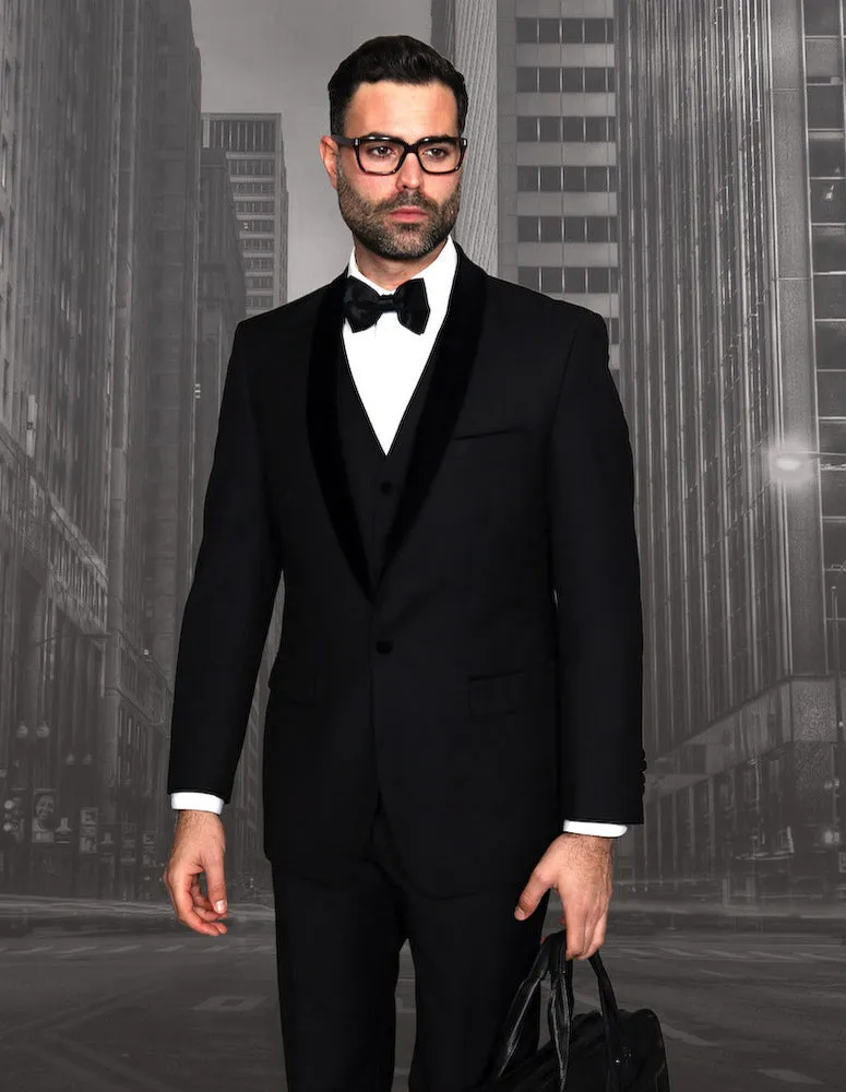3 Pc Flat Front Pants, Velvet Lapel With Matching Bow Tie| ENCORE-V| Black