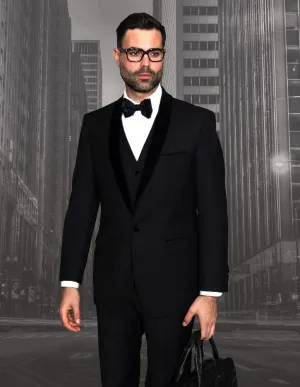 3 Pc Flat Front Pants, Velvet Lapel With Matching Bow Tie| ENCORE-V| Black