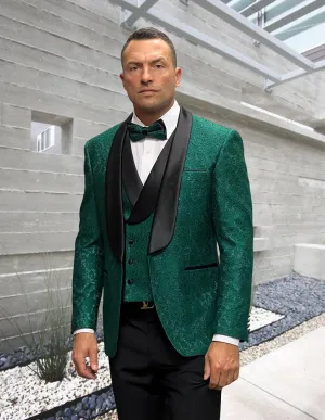 3Pc Fancy Texedred Tuxedo, Including Double Breasted Vest And Solid Color Pants. Plus Bow Tie| GRAMMY| Hunter