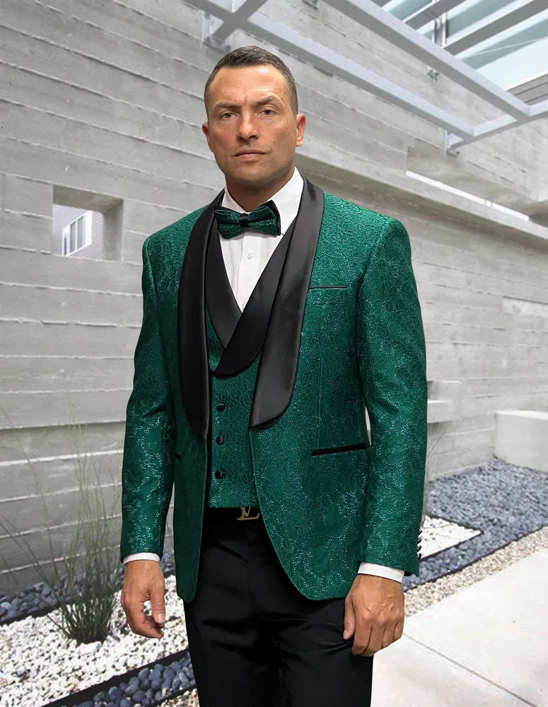 3Pc Fancy Texedred Tuxedo, Including Double Breasted Vest And Solid Color Pants. Plus Bow Tie| GRAMMY| Hunter