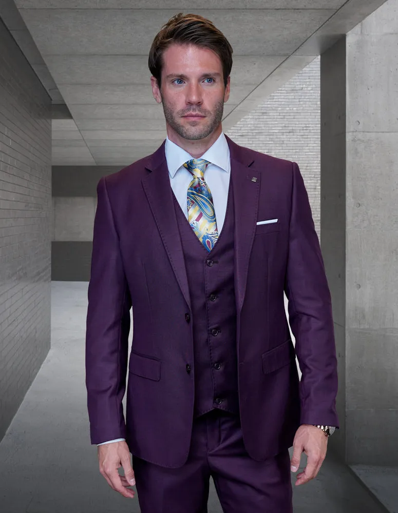 3pc Smooth Plaid Suit. Modern Fit Flat Front Pants. Super 150's Italian Wool | Hugo - 3 | Plum