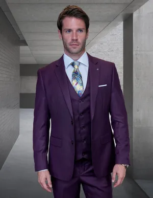 3pc Smooth Plaid Suit. Modern Fit Flat Front Pants. Super 150's Italian Wool | Hugo - 3 | Plum