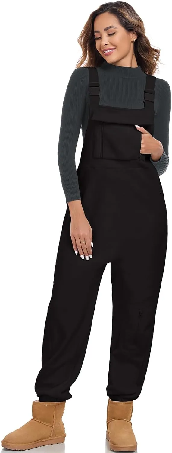ALSOGO Women's Fleece Warm Overalls Winter Adjustable Strap Bibs Loose Casual Jumpsuits Fuzzy Ski Pants with Pockets