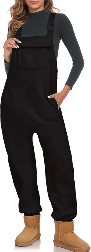 ALSOGO Women's Fleece Warm Overalls Winter Adjustable Strap Bibs Loose Casual Jumpsuits Fuzzy Ski Pants with Pockets