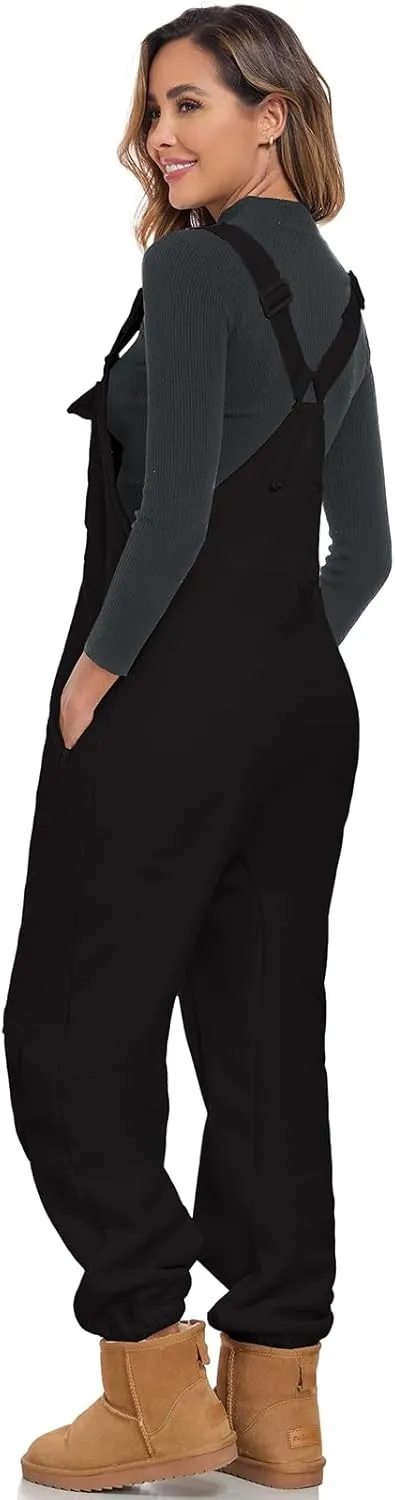 ALSOGO Women's Fleece Warm Overalls Winter Adjustable Strap Bibs Loose Casual Jumpsuits Fuzzy Ski Pants with Pockets