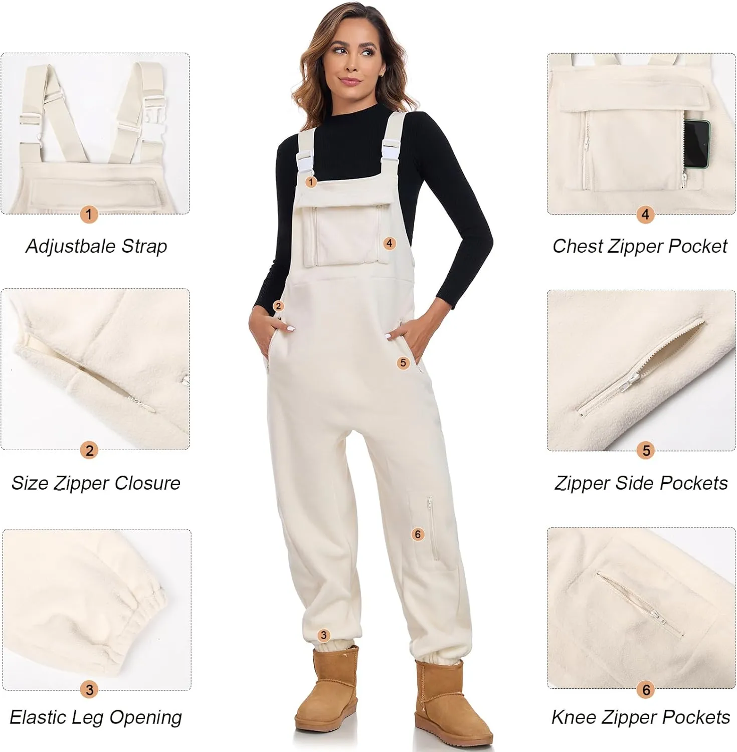 ALSOGO Women's Fleece Warm Overalls Winter Adjustable Strap Bibs Loose Casual Jumpsuits Fuzzy Ski Pants with Pockets