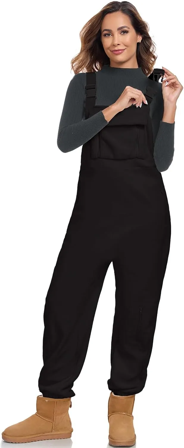 ALSOGO Women's Fleece Warm Overalls Winter Adjustable Strap Bibs Loose Casual Jumpsuits Fuzzy Ski Pants with Pockets