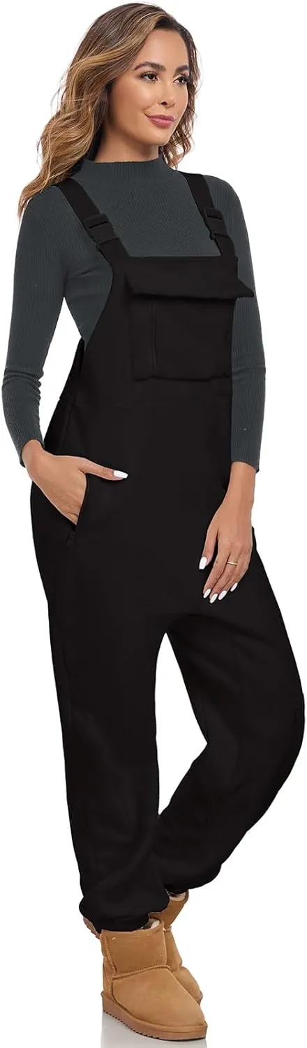ALSOGO Women's Fleece Warm Overalls Winter Adjustable Strap Bibs Loose Casual Jumpsuits Fuzzy Ski Pants with Pockets