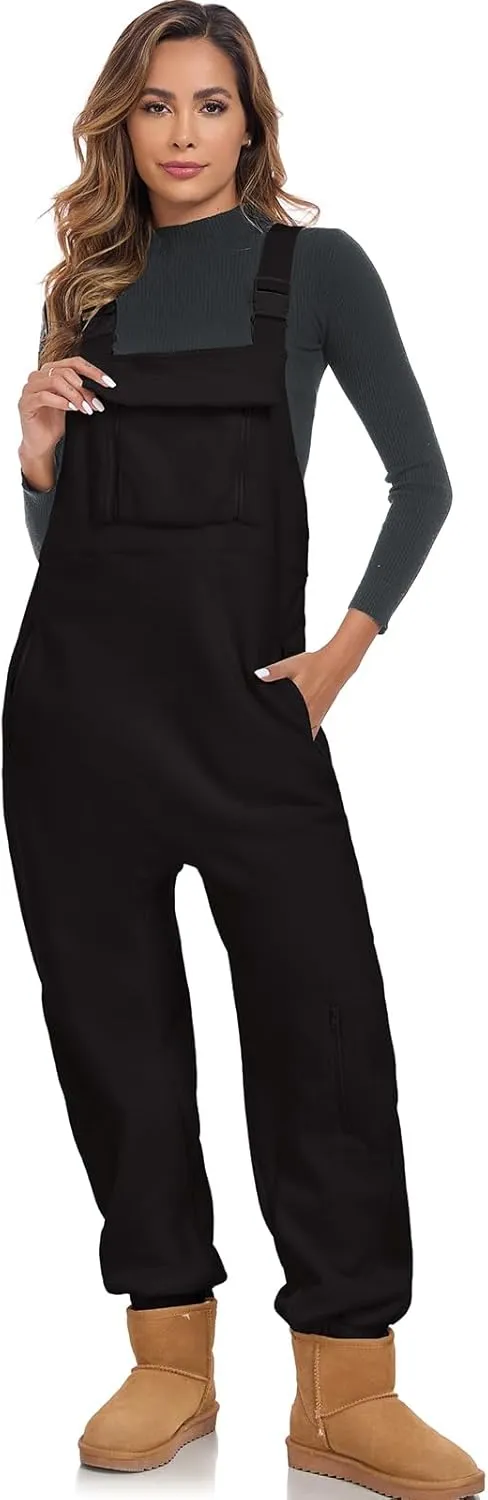 ALSOGO Women's Fleece Warm Overalls Winter Adjustable Strap Bibs Loose Casual Jumpsuits Fuzzy Ski Pants with Pockets