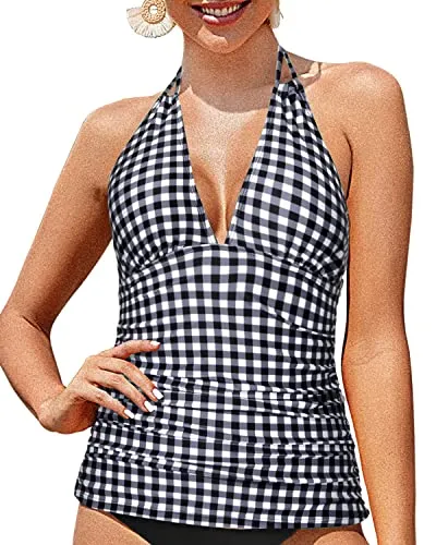 Backless Open Back Halter Top Swimsuits For Women-Black And White Checkered