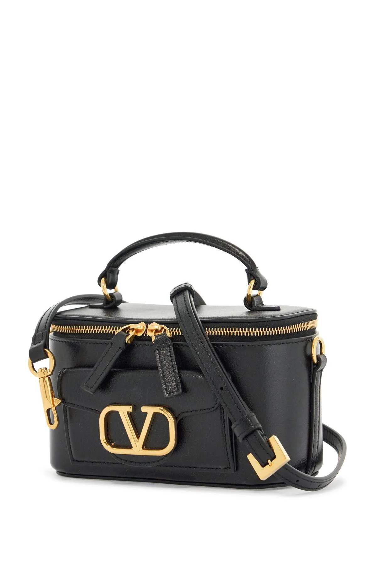 Beauty Case Pelle Nera Con Zip Dorata E Tracolla Regolabile