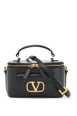 Beauty Case Pelle Nera Con Zip Dorata E Tracolla Regolabile