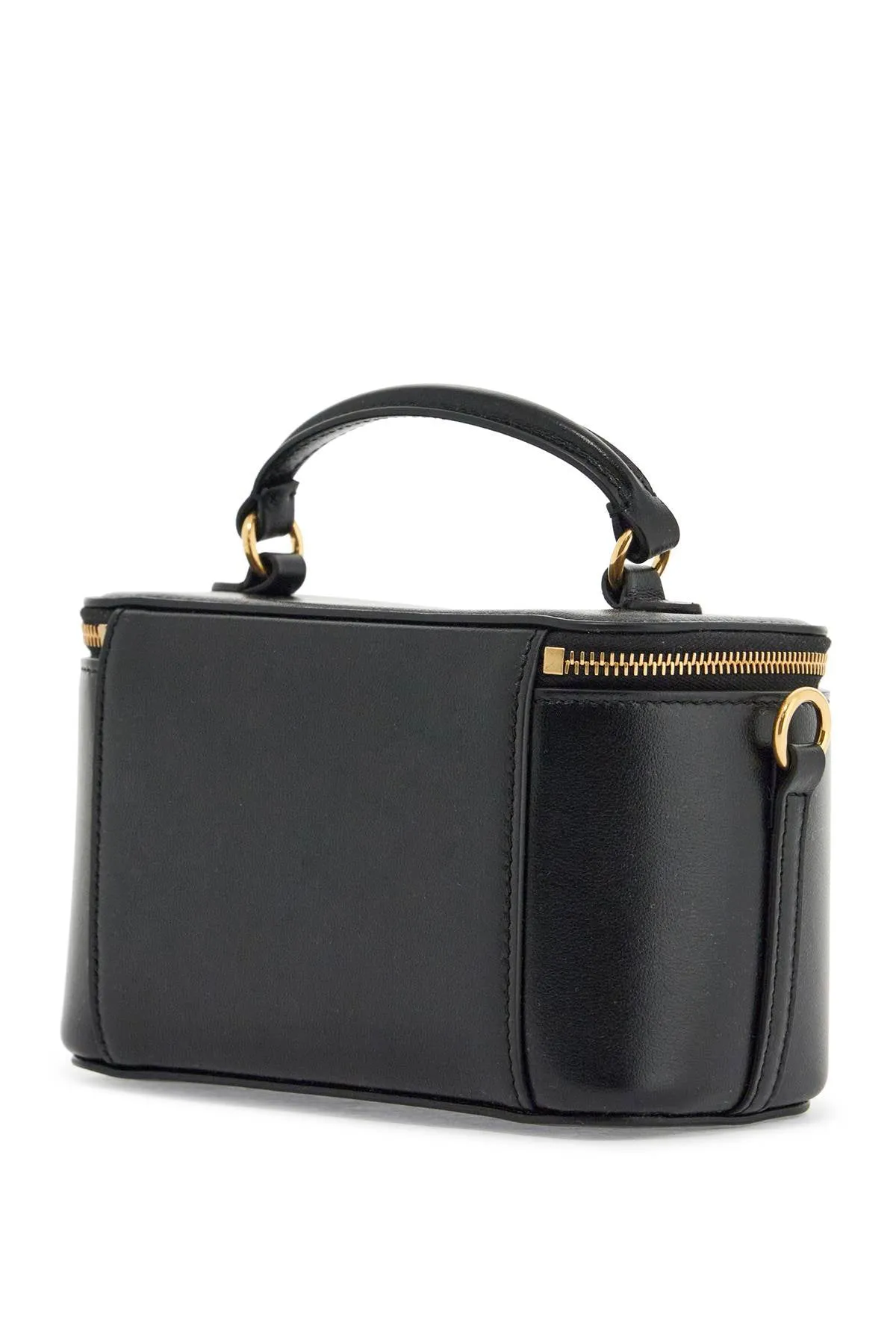 Beauty Case Pelle Nera Con Zip Dorata E Tracolla Regolabile