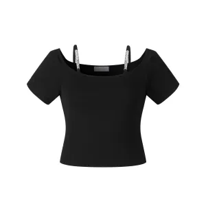Black Drill Chain Strapless Slimming Top Short Sleeve