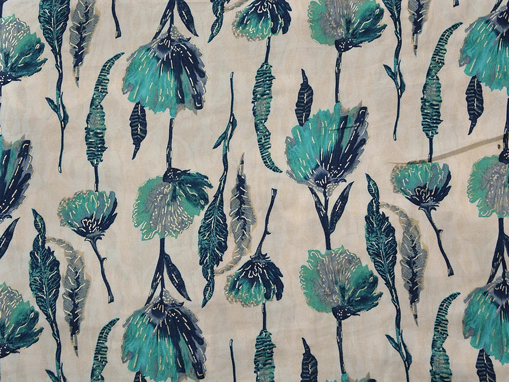 Blue & Off White White Floral Digital Print Cotton Rayon Fabric