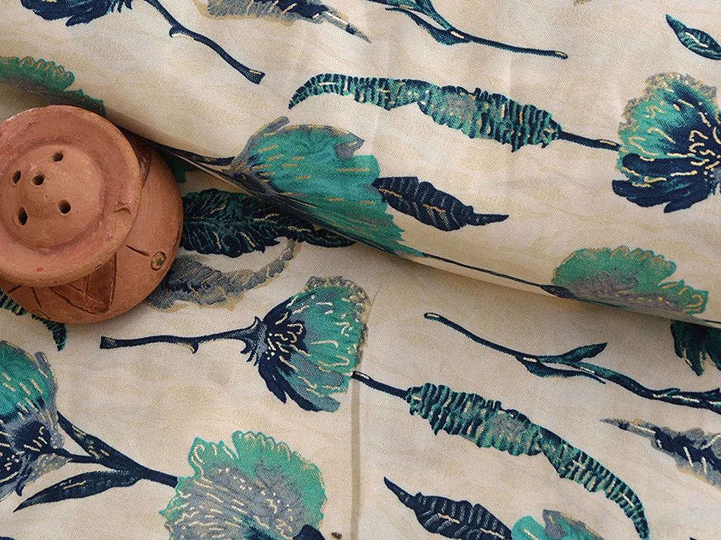 Blue & Off White White Floral Digital Print Cotton Rayon Fabric