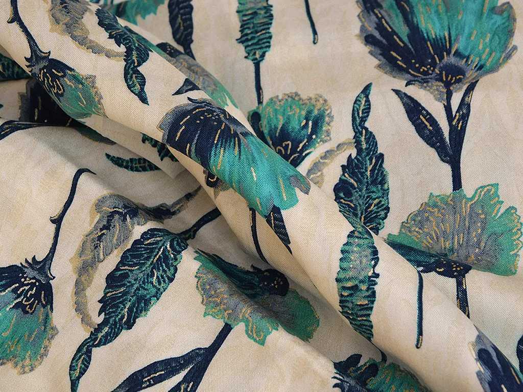 Blue & Off White White Floral Digital Print Cotton Rayon Fabric
