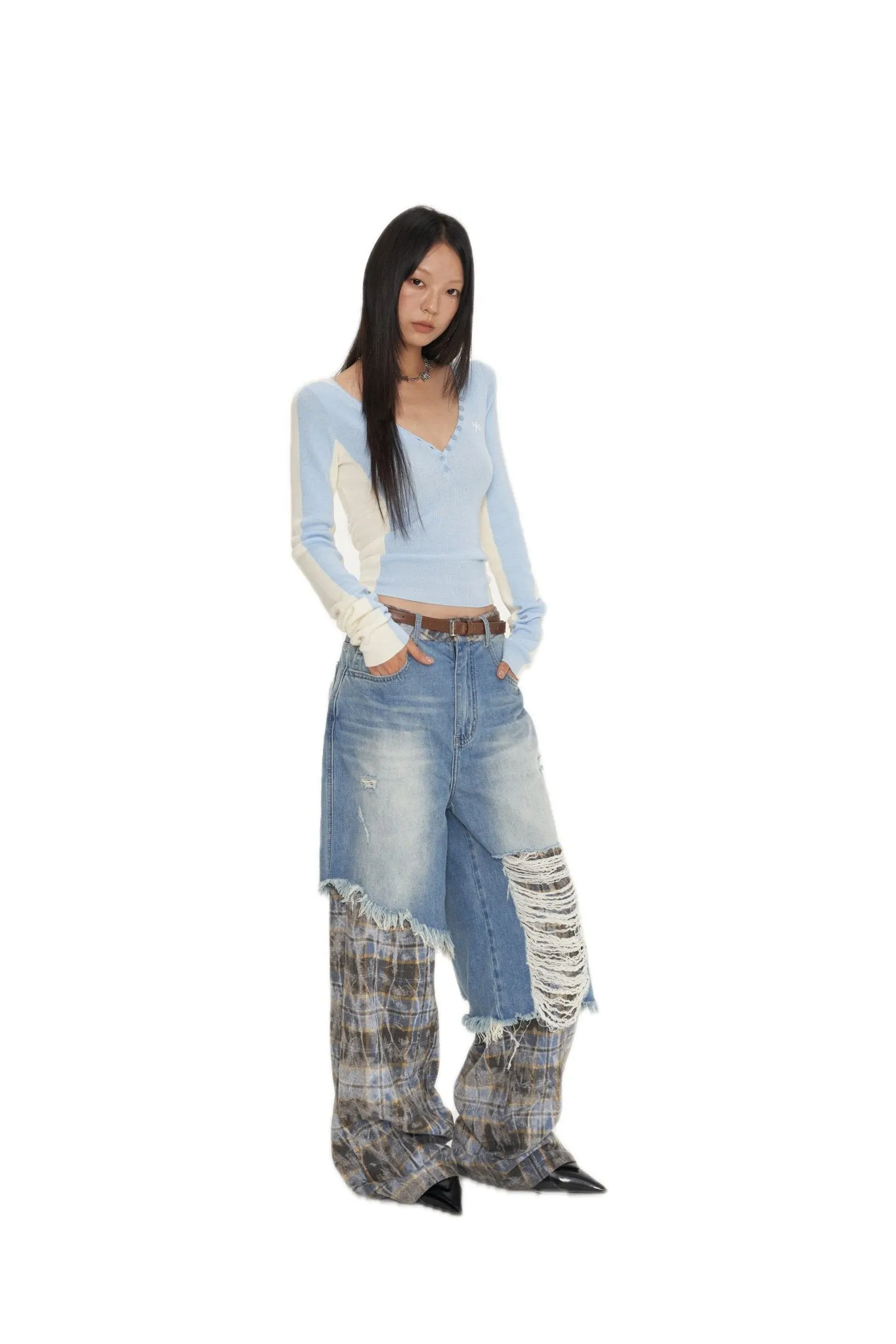 Blue Mermaid Straight Shoulder V-Neck Knitshirt