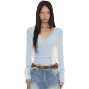 Blue Mermaid Straight Shoulder V-Neck Knitshirt