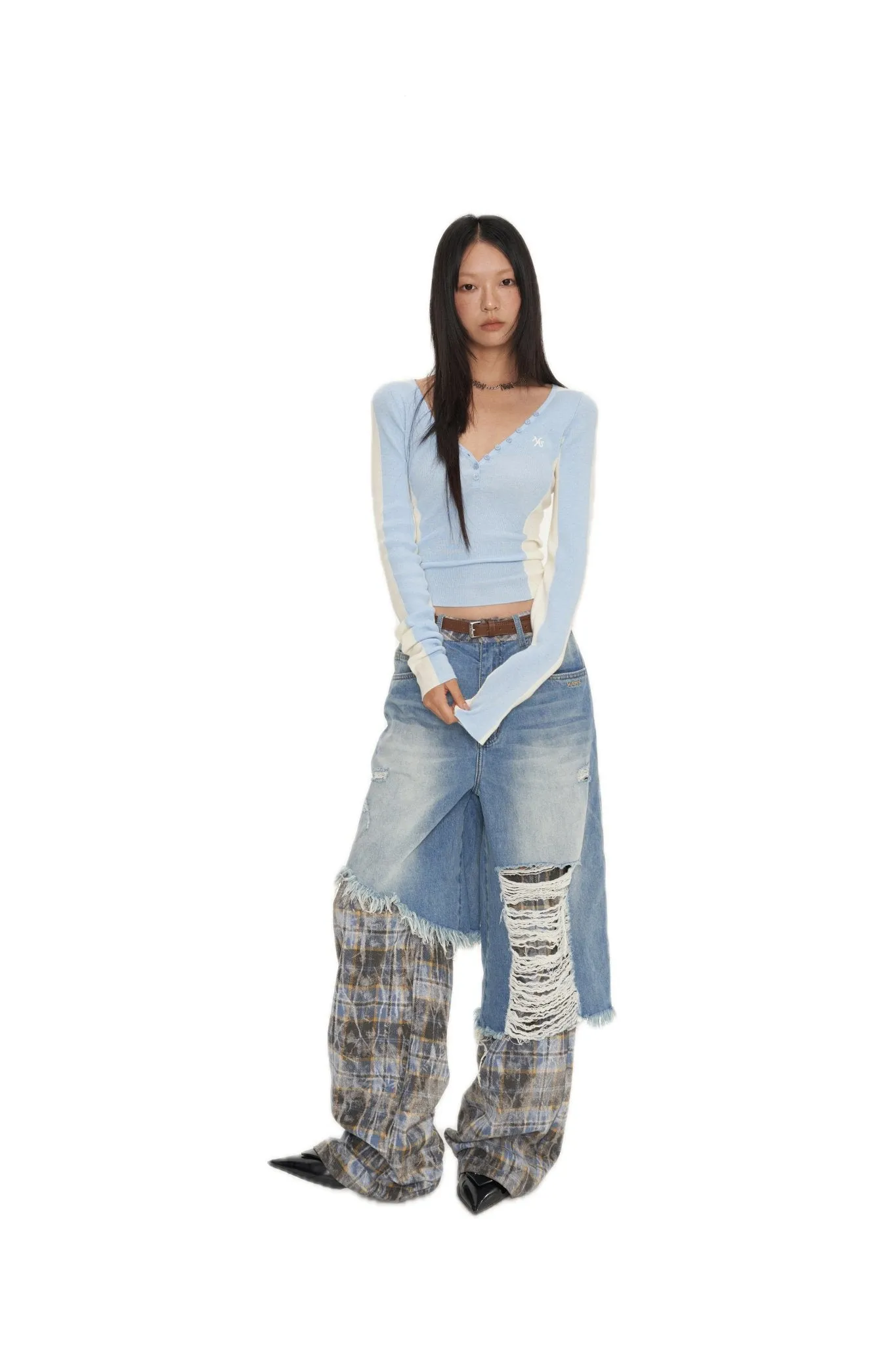 Blue Mermaid Straight Shoulder V-Neck Knitshirt