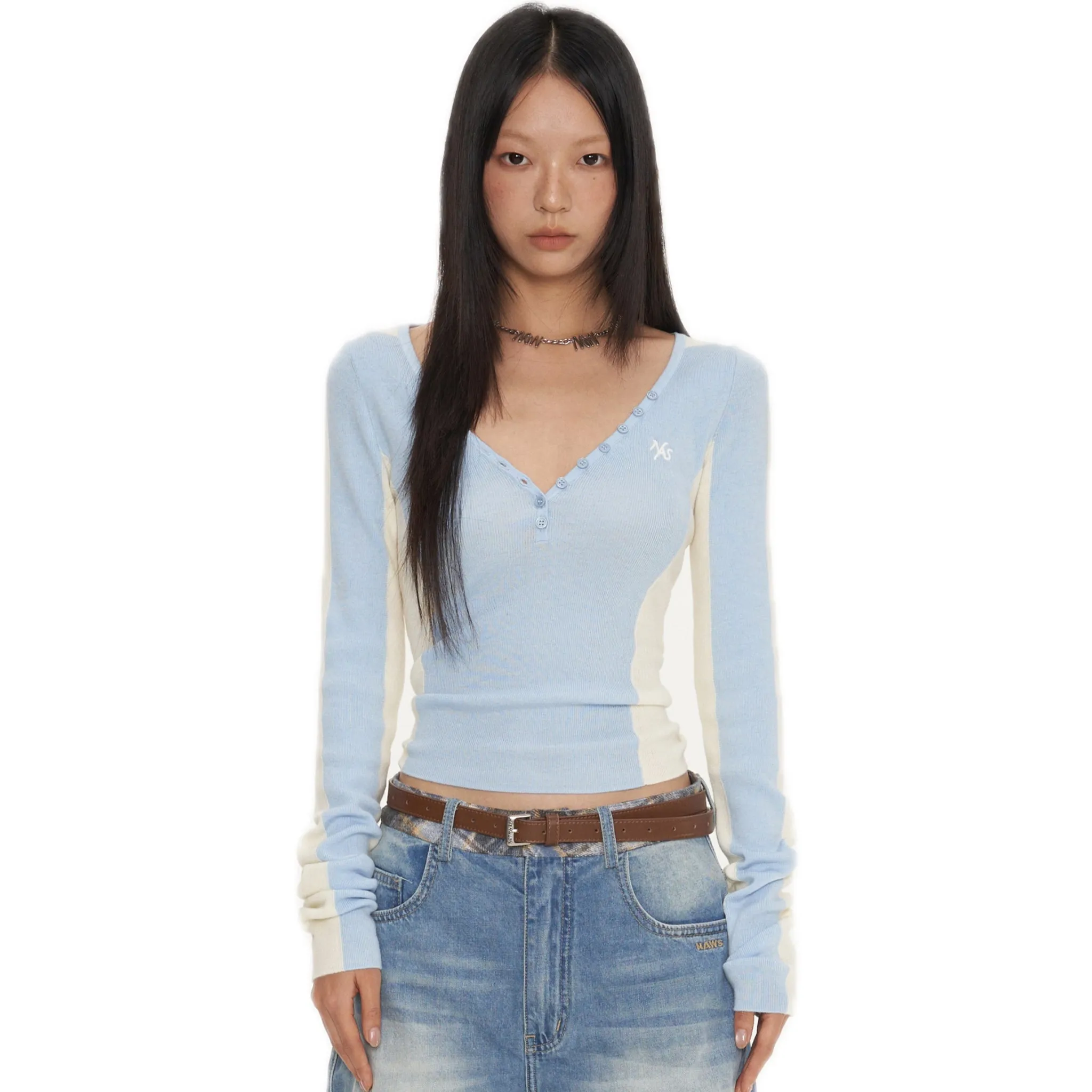 Blue Mermaid Straight Shoulder V-Neck Knitshirt