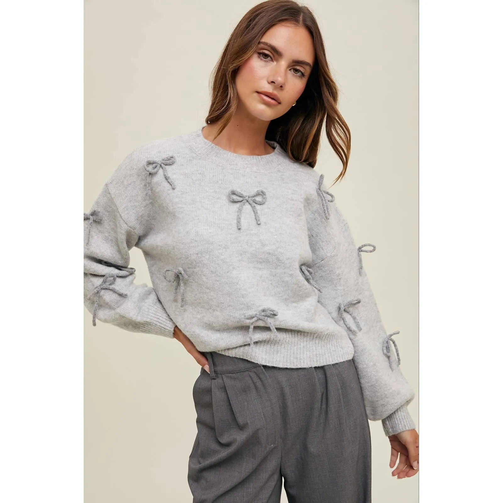 BOW DETAILED BRUSHED KNIT SWEATER