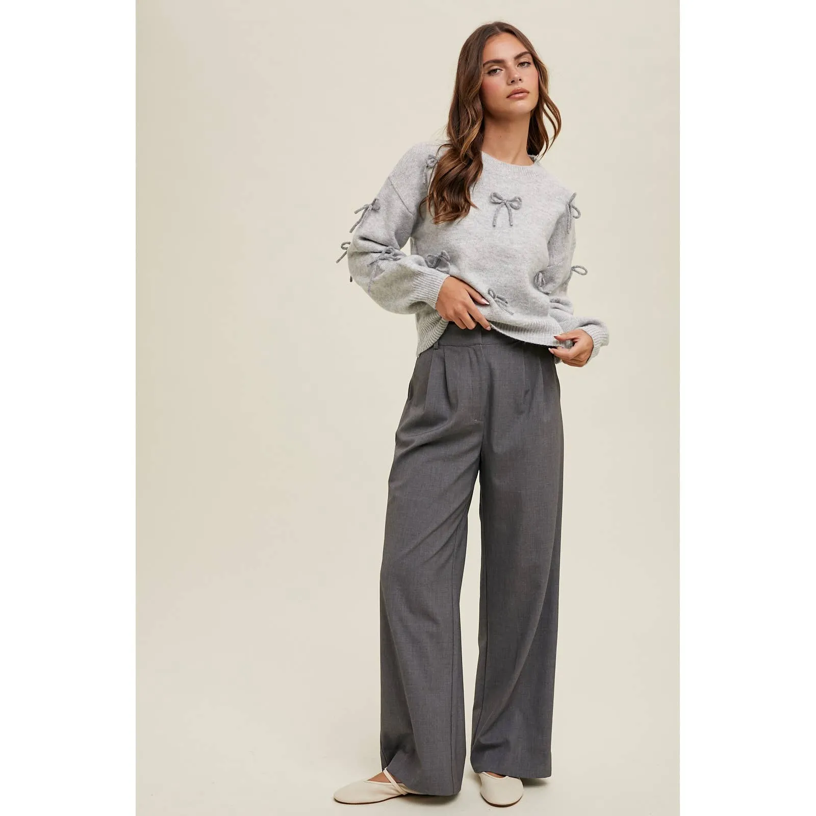 BOW DETAILED BRUSHED KNIT SWEATER