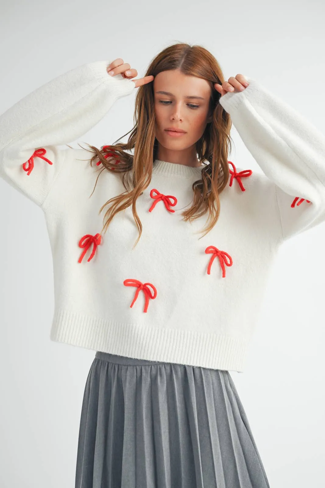 BOW DETAILED BRUSHED KNIT SWEATER
