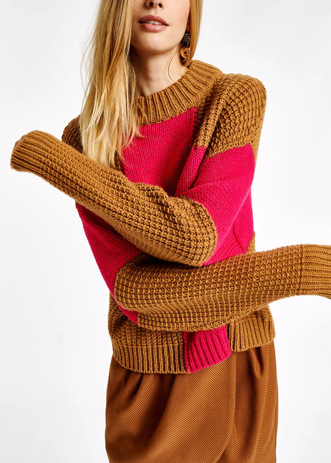 Camel and pink wool-blend sweater