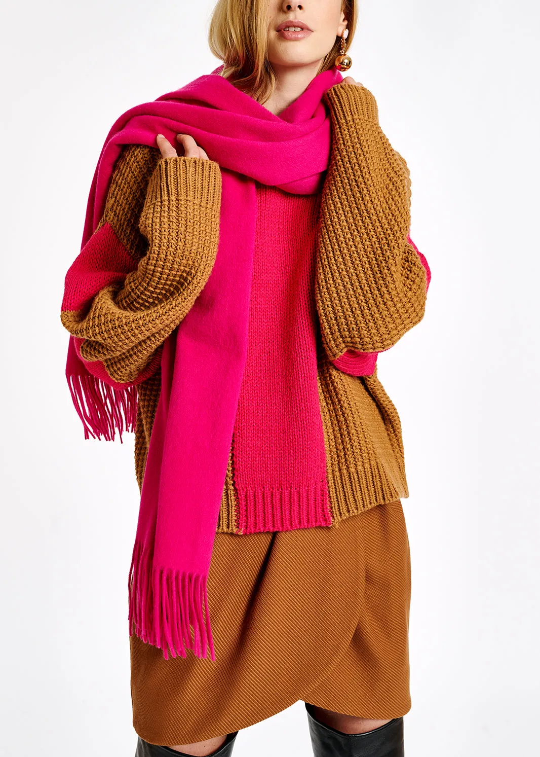 Camel and pink wool-blend sweater