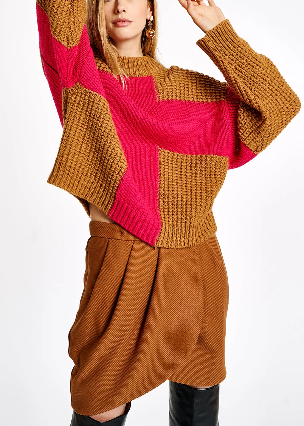 Camel and pink wool-blend sweater
