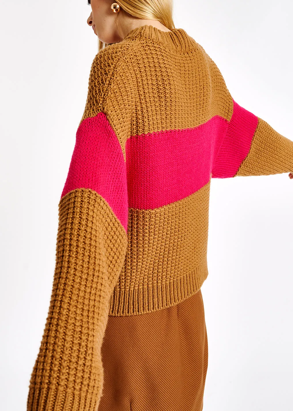 Camel and pink wool-blend sweater