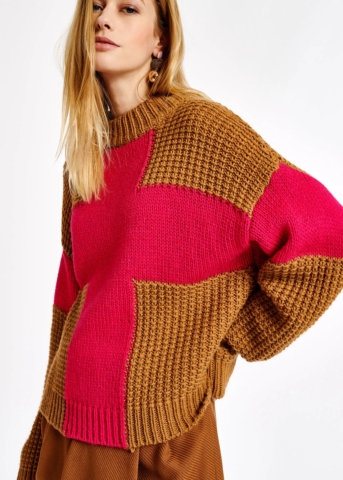 Camel and pink wool-blend sweater