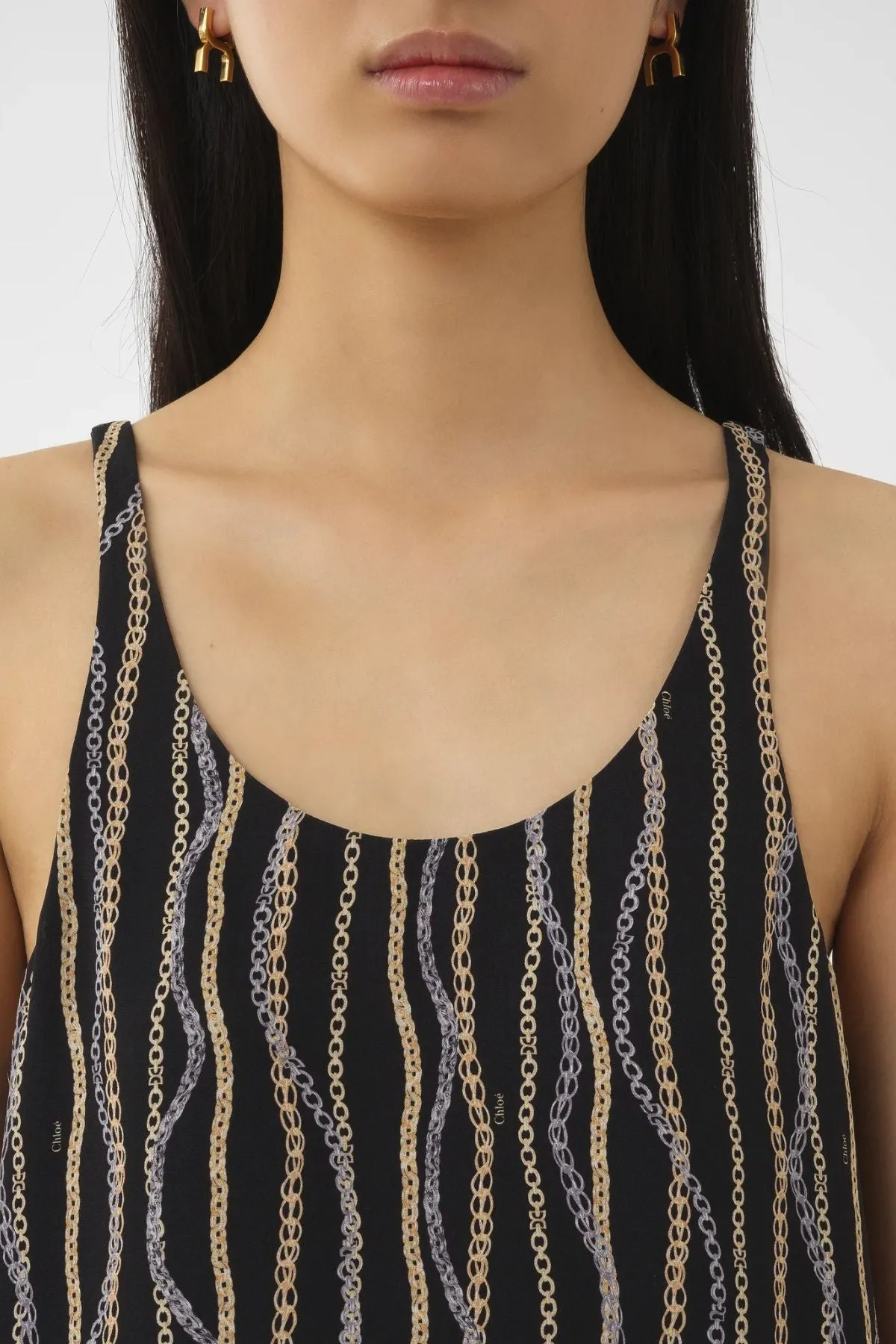 Chlo Chain Print Silk Tank Top - Black