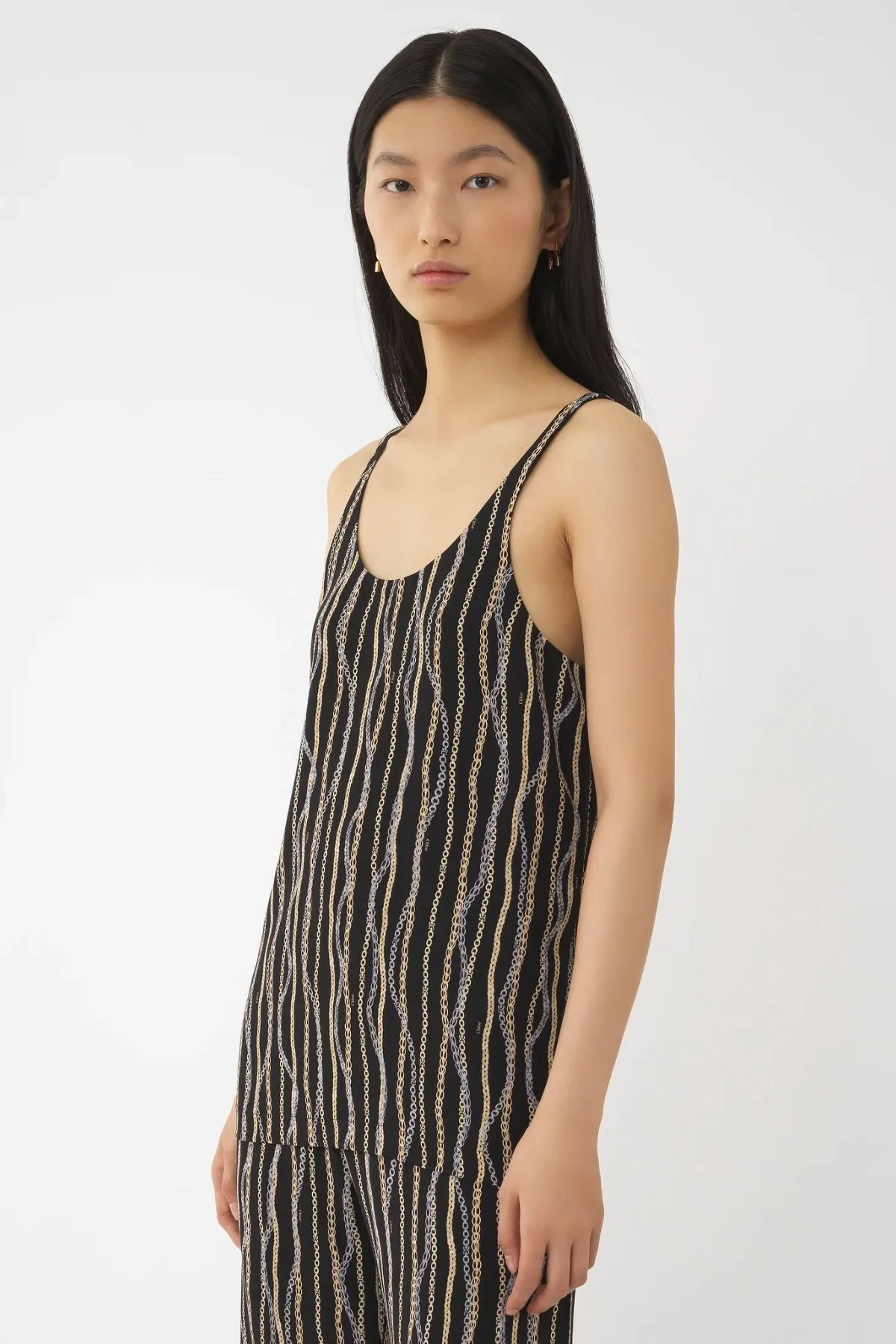 Chlo Chain Print Silk Tank Top - Black