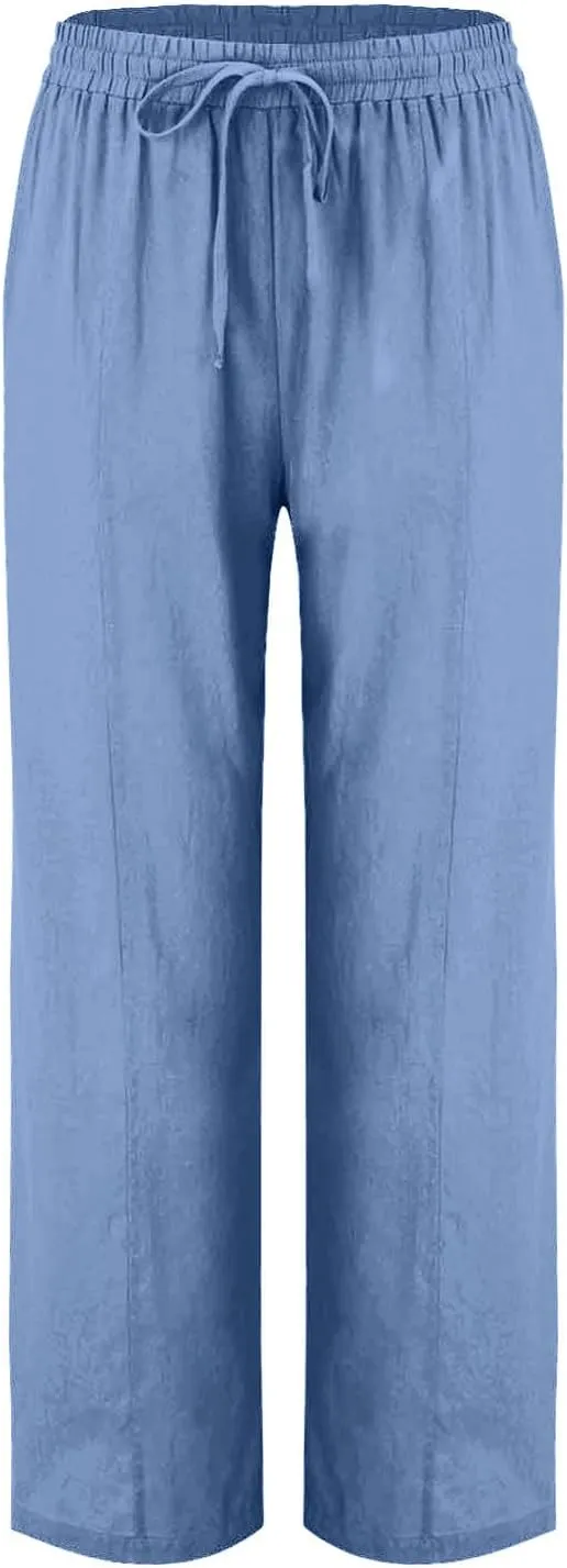 Cotton Linen Pant Women Drawstring High Waisted Dress Pants Straight Leg Jogger Sweatpants Summer Beach Slacks Clothes