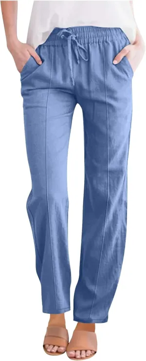Cotton Linen Pant Women Drawstring High Waisted Dress Pants Straight Leg Jogger Sweatpants Summer Beach Slacks Clothes