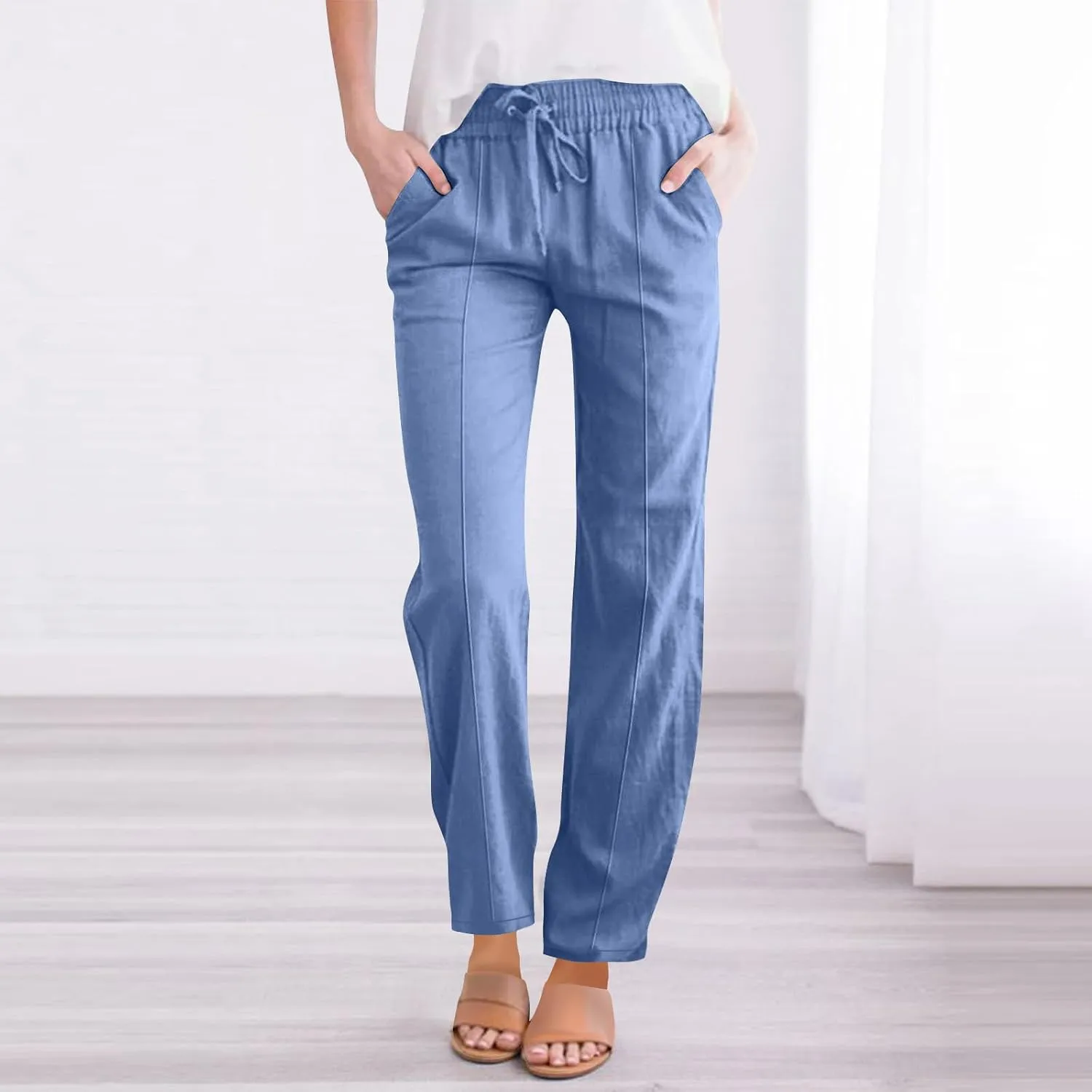 Cotton Linen Pant Women Drawstring High Waisted Dress Pants Straight Leg Jogger Sweatpants Summer Beach Slacks Clothes