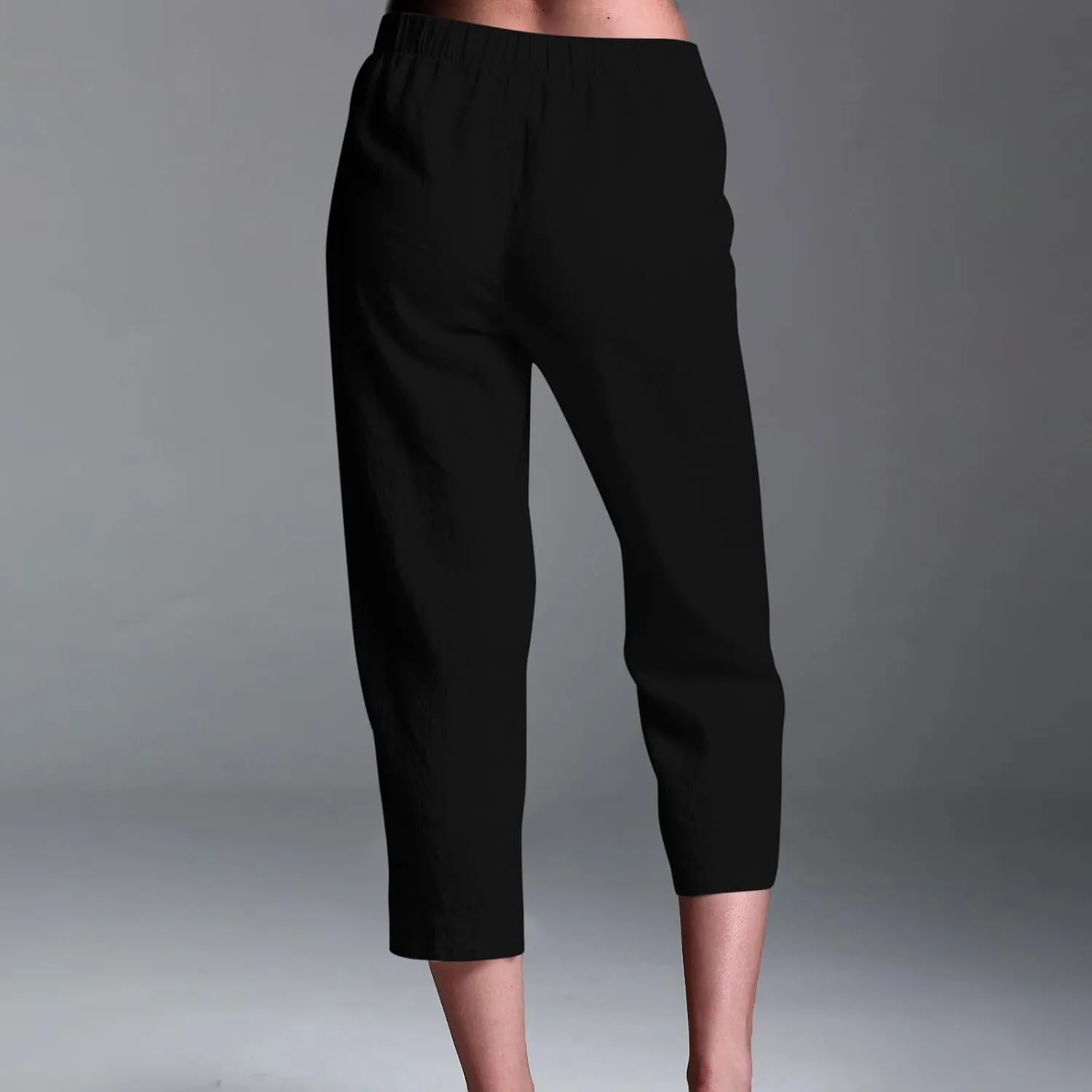 Cropped Trousers for Women Cotton Linen Capri Pants Elasticated Waist Wide Leg Trouser Summer Pant Plain Baggy Capris