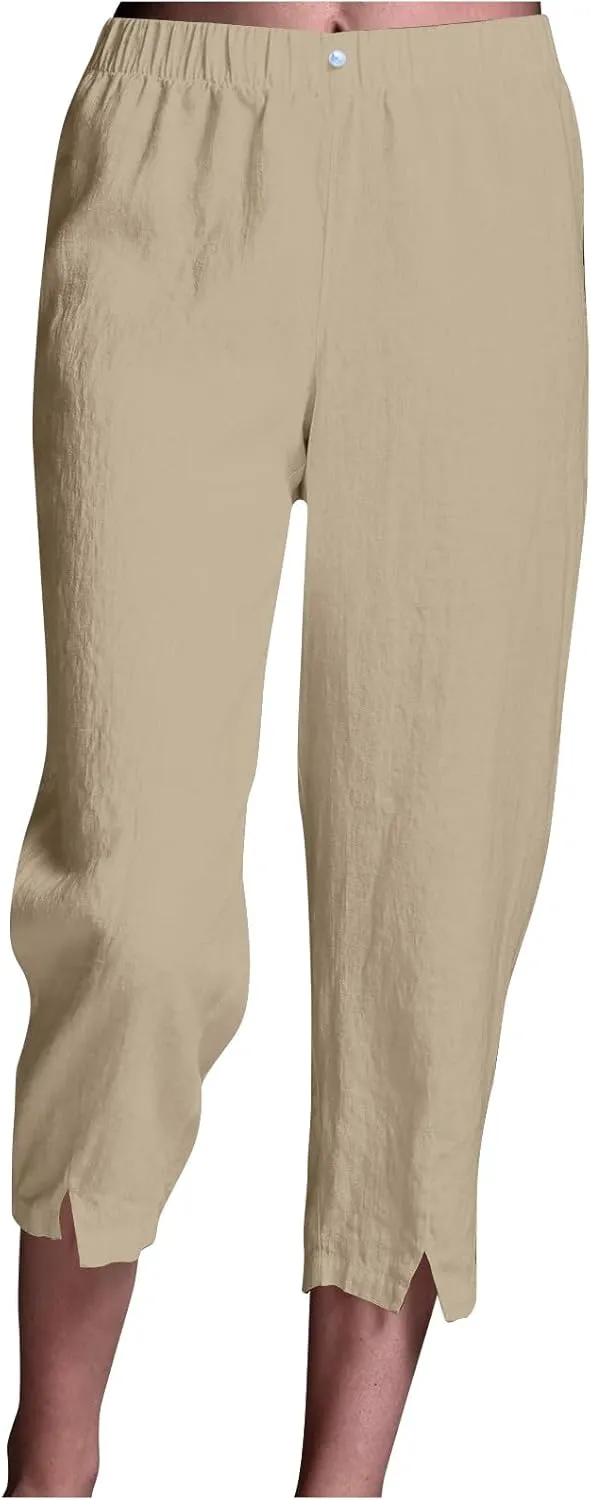 Cropped Trousers for Women Cotton Linen Capri Pants Elasticated Waist Wide Leg Trouser Summer Pant Plain Baggy Capris