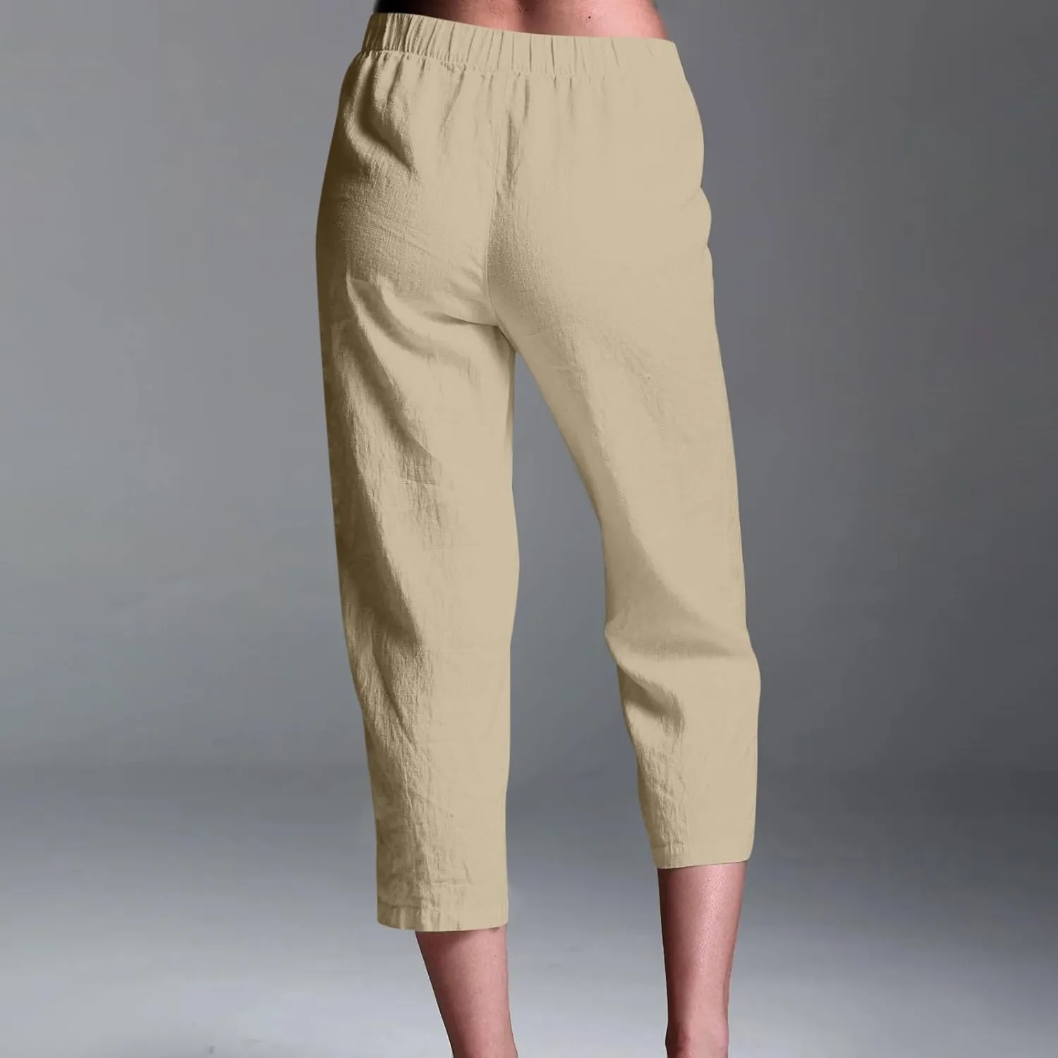 Cropped Trousers for Women Cotton Linen Capri Pants Elasticated Waist Wide Leg Trouser Summer Pant Plain Baggy Capris