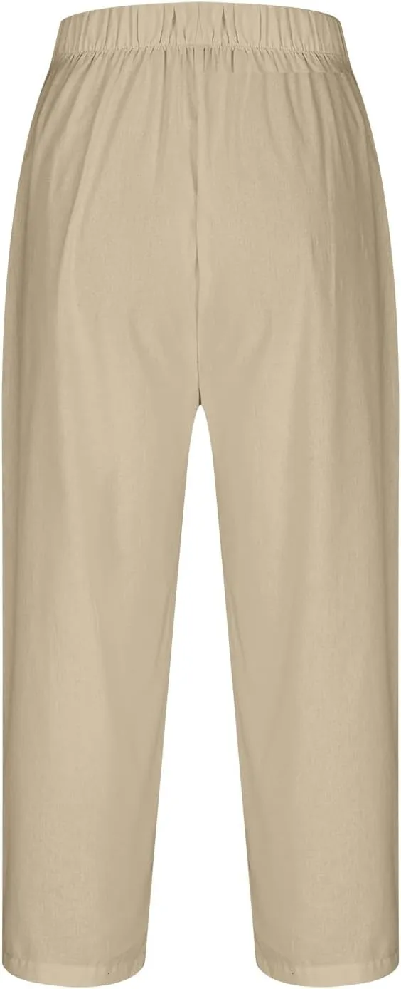 Cropped Trousers for Women Cotton Linen Capri Pants Elasticated Waist Wide Leg Trouser Summer Pant Plain Baggy Capris