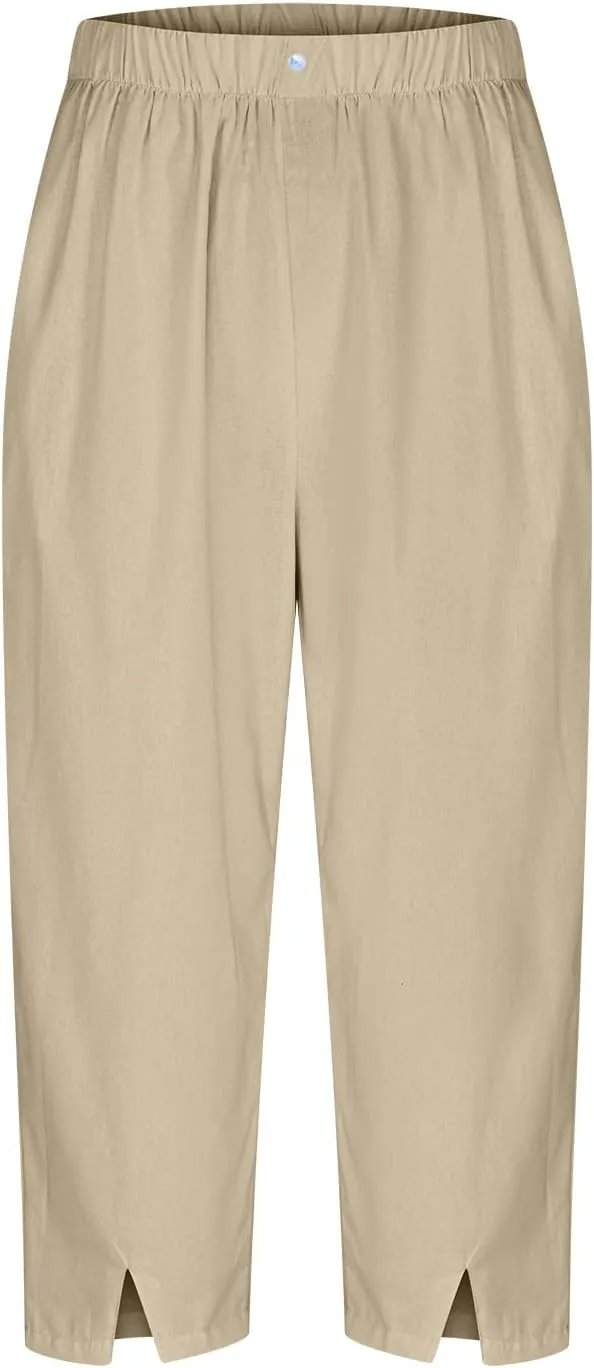 Cropped Trousers for Women Cotton Linen Capri Pants Elasticated Waist Wide Leg Trouser Summer Pant Plain Baggy Capris