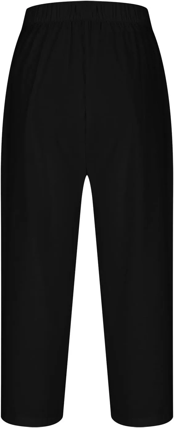 Cropped Trousers for Women Cotton Linen Capri Pants Elasticated Waist Wide Leg Trouser Summer Pant Plain Baggy Capris
