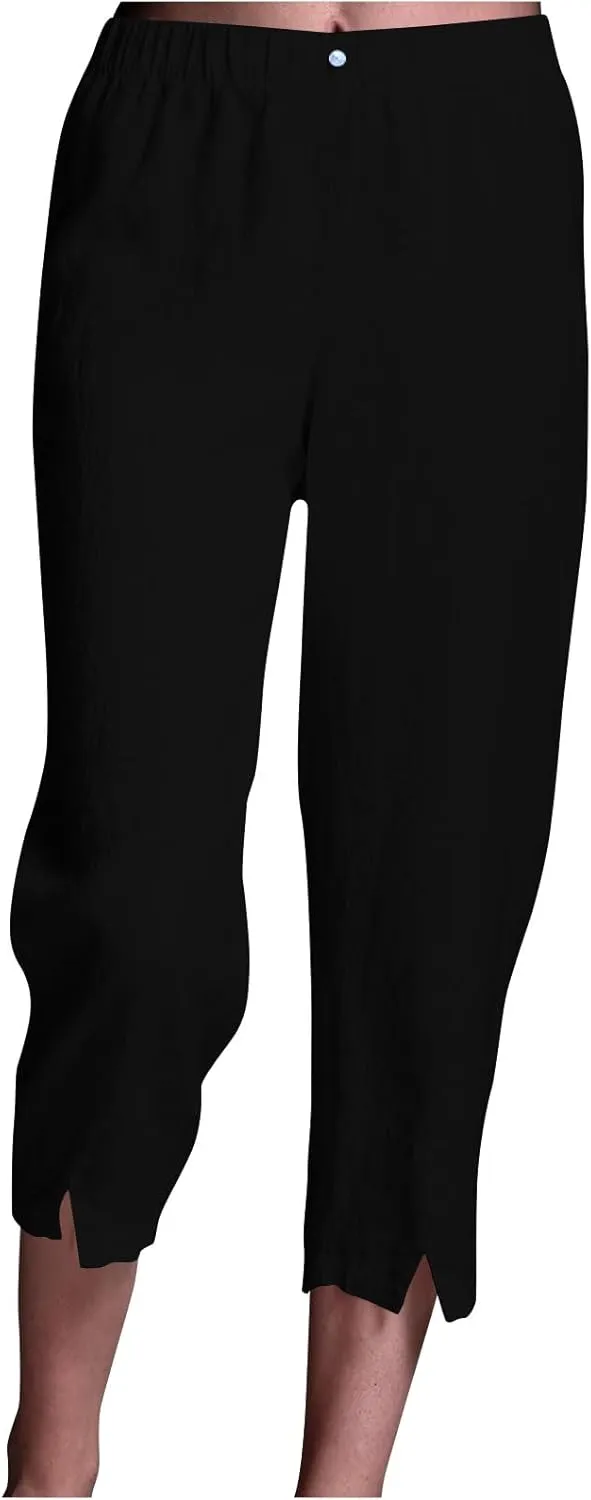 Cropped Trousers for Women Cotton Linen Capri Pants Elasticated Waist Wide Leg Trouser Summer Pant Plain Baggy Capris