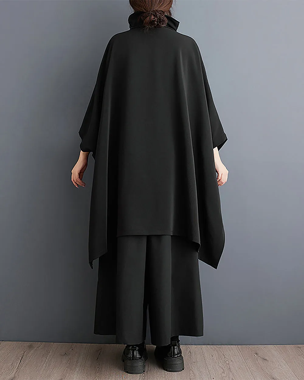 ellazhu Women's Coat Batwing Sleeve Solid Black Zipper Flowy Irregular Hem Top Loose Oversize