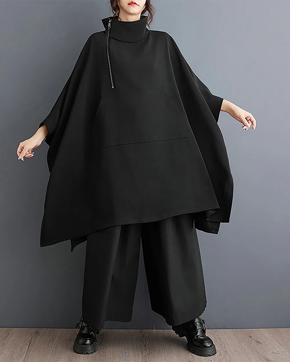 ellazhu Women's Coat Batwing Sleeve Solid Black Zipper Flowy Irregular Hem Top Loose Oversize