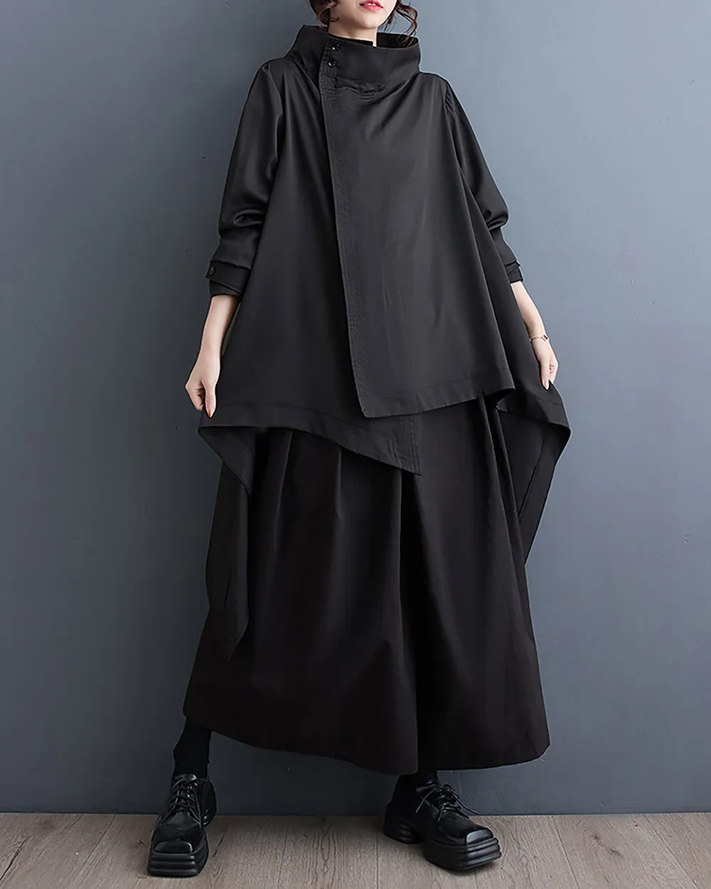 ellazhu Women's Coat Button Long Sleeve Flowy Hem Zipper Solid Black Oversize Loose Fall GZ255