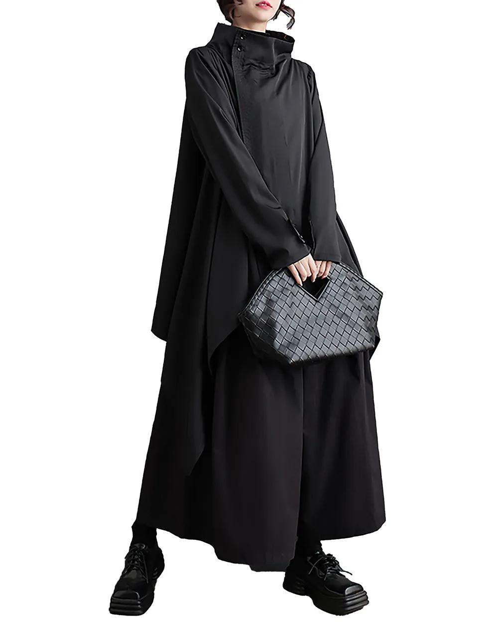 ellazhu Women's Coat Button Long Sleeve Flowy Hem Zipper Solid Black Oversize Loose Fall GZ255