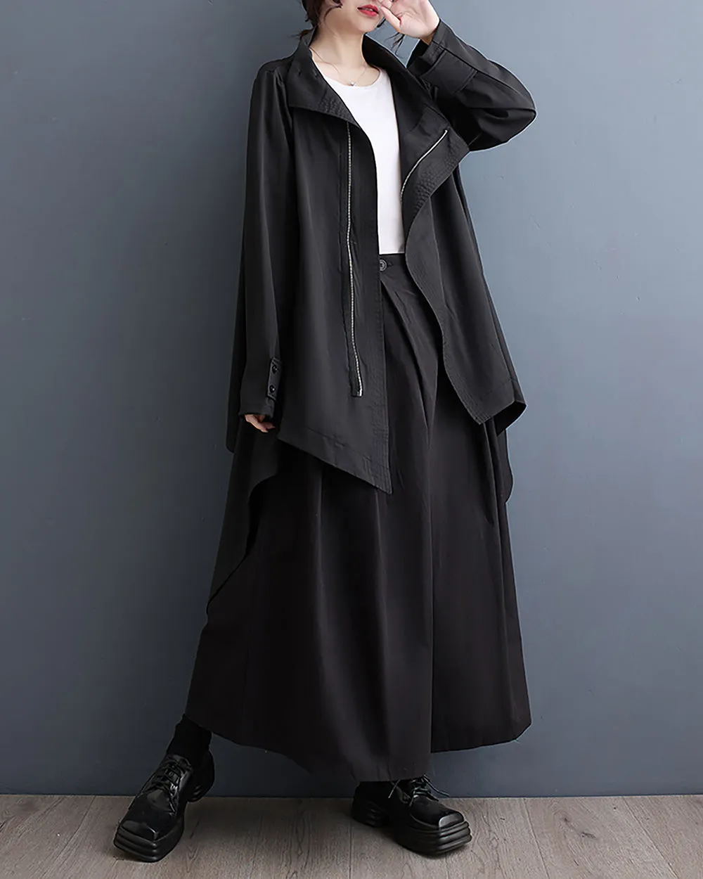 ellazhu Women's Coat Button Long Sleeve Flowy Hem Zipper Solid Black Oversize Loose Fall GZ255